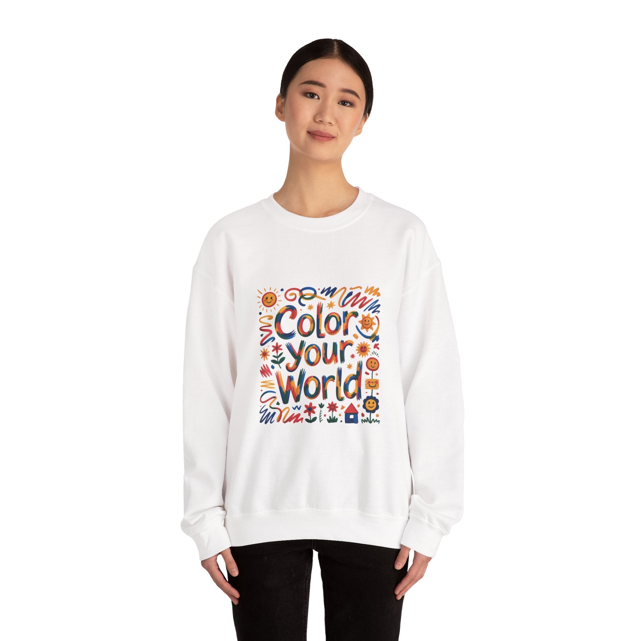 Color Your World sweatshirt | colorful doodles, sunflowers, playful typography
