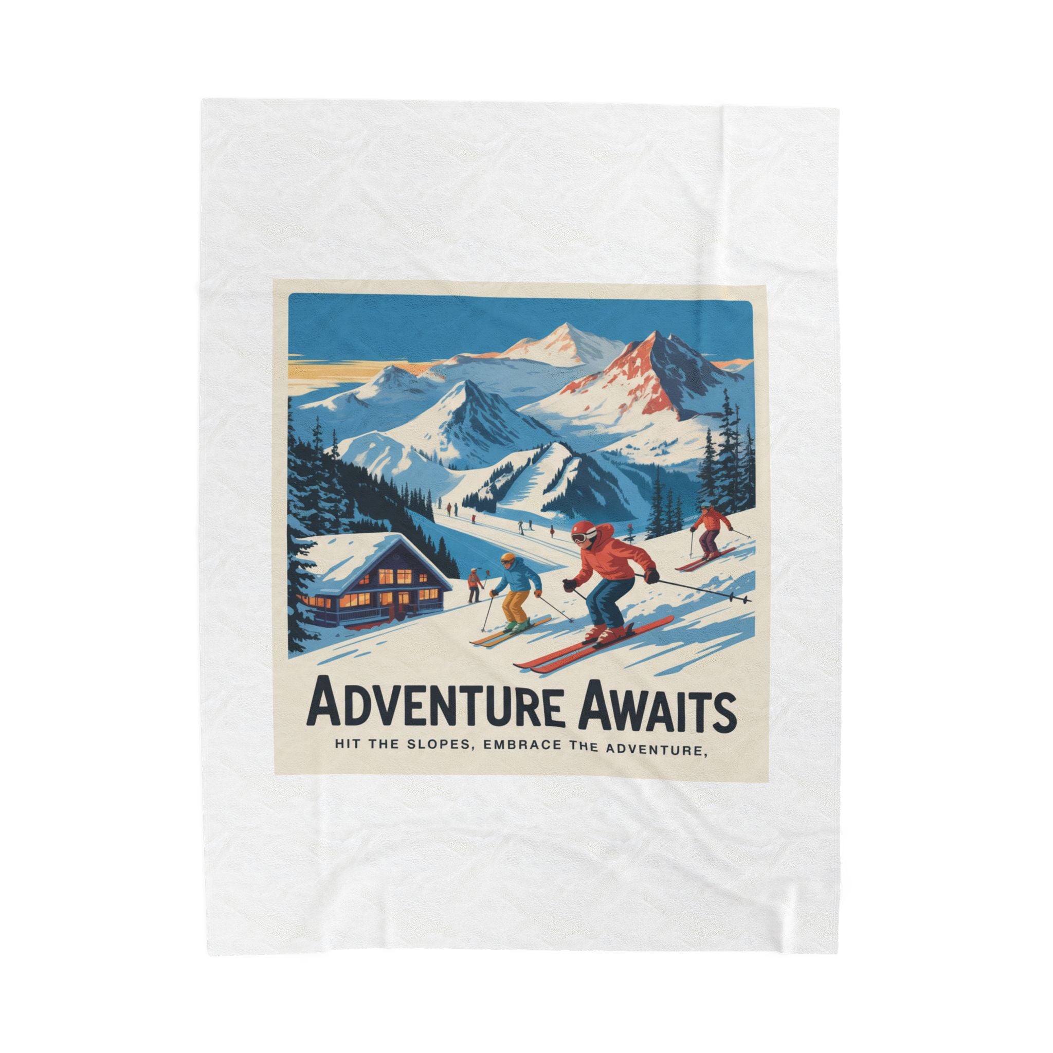Adventure Awaits Ski Scene Velveteen Plush Blanket | Retro Mountain Skiing Throw