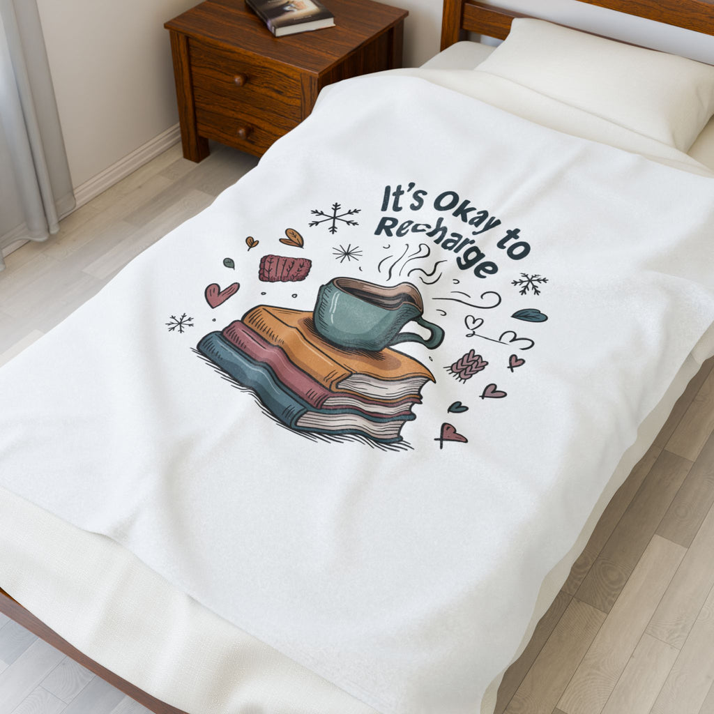 It’s Okay to Recharge Plush Blanket — Cozy Book & Coffee Comfort Throw