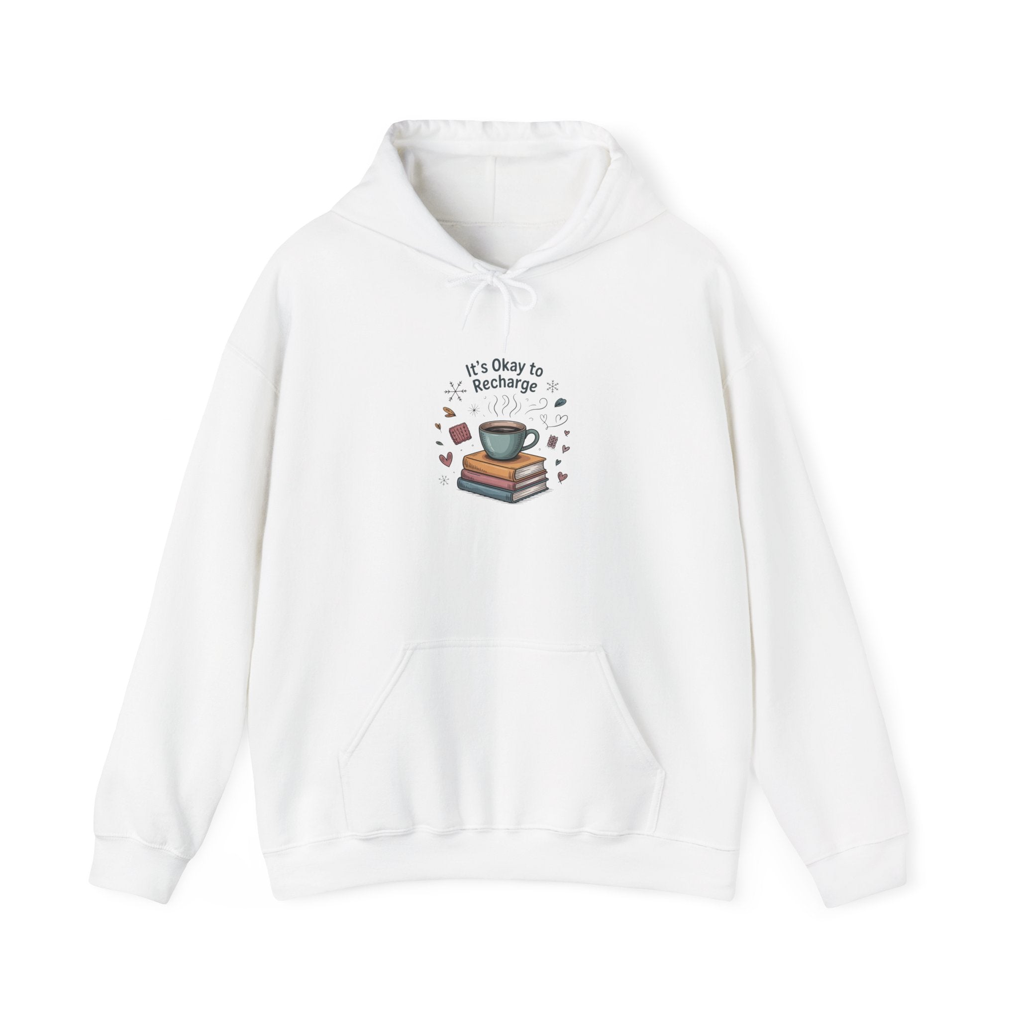 Cozy Reading Hoodie – “It’s Okay to Recharge” Coffee & Books Sweatshirt