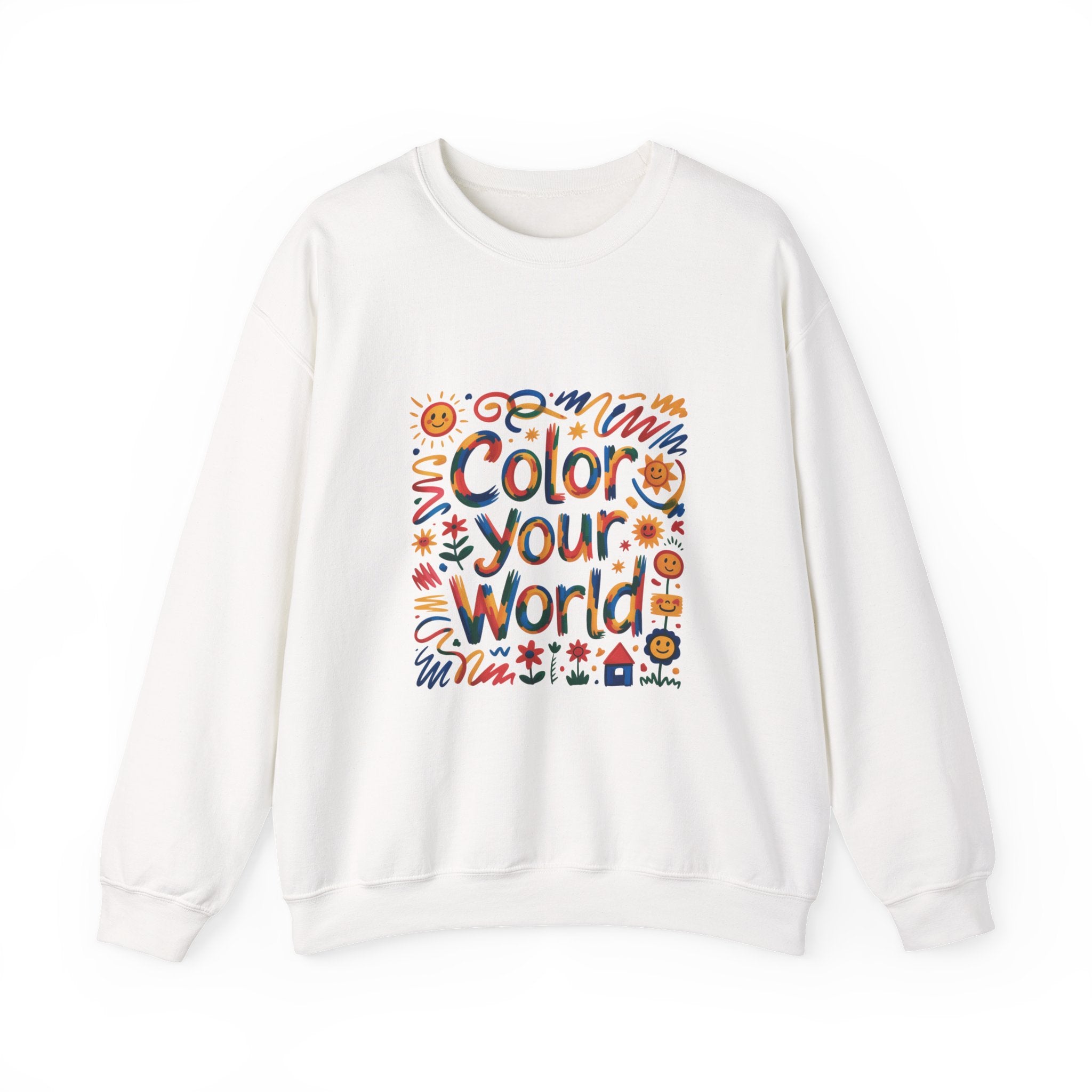 Color Your World sweatshirt | colorful doodles, sunflowers, playful typography