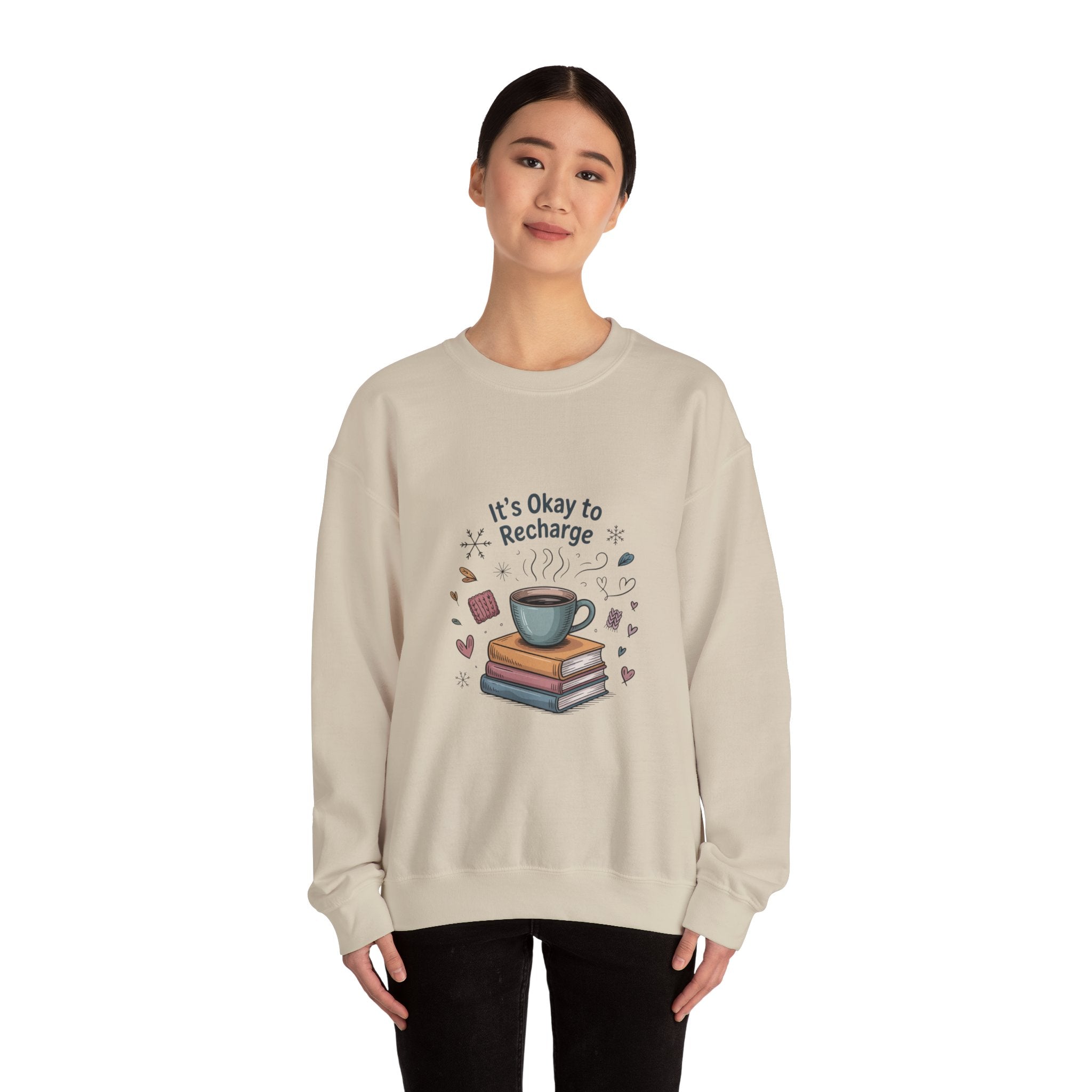 Crewneck Sweatshirt — "It’s Okay to Recharge" Cozy Book & Coffee Graphic
