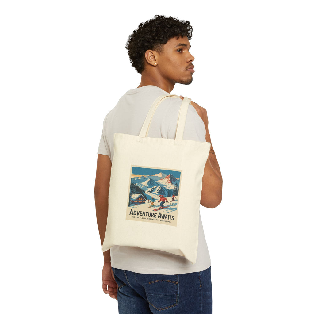 Adventure Awaits Ski Poster Tote Bag | Vintage Mountain Skiing Canvas