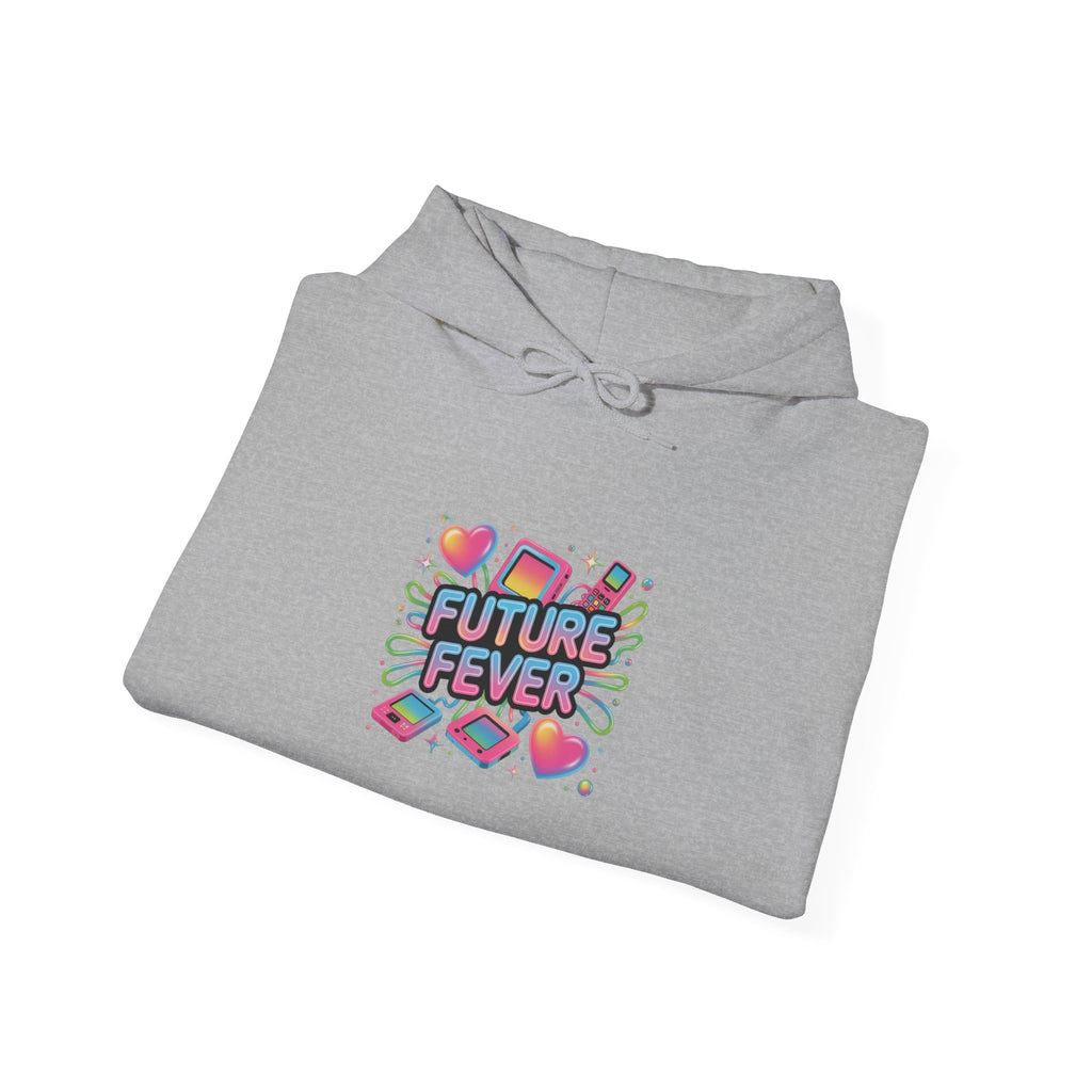 Future Fever Chrome Text Hoodie | Y2K cyber holo aesthetic, retro tech print