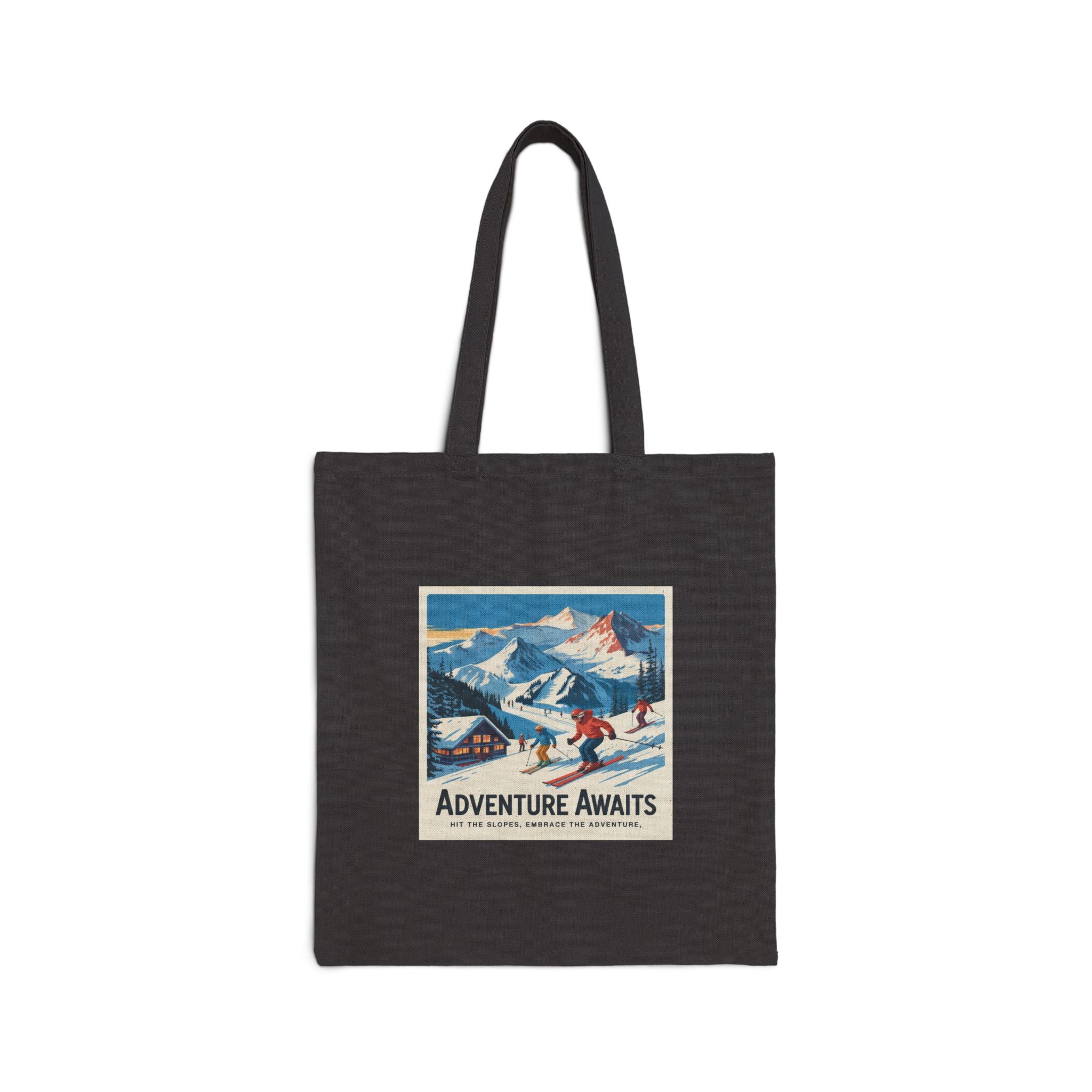 Adventure Awaits Ski Poster Tote Bag | Vintage Mountain Skiing Canvas