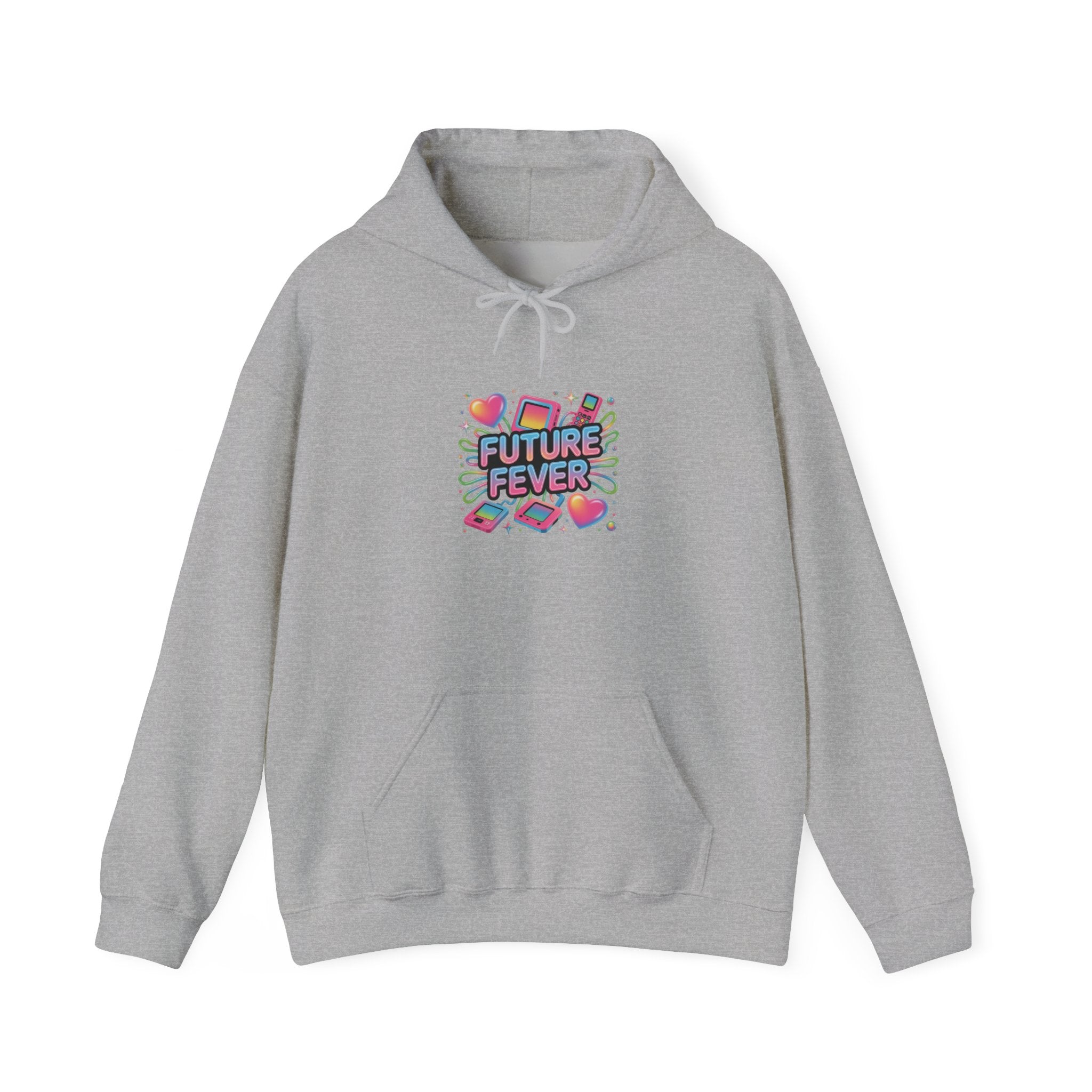 Future Fever Chrome Text Hoodie | Y2K cyber holo aesthetic, retro tech print