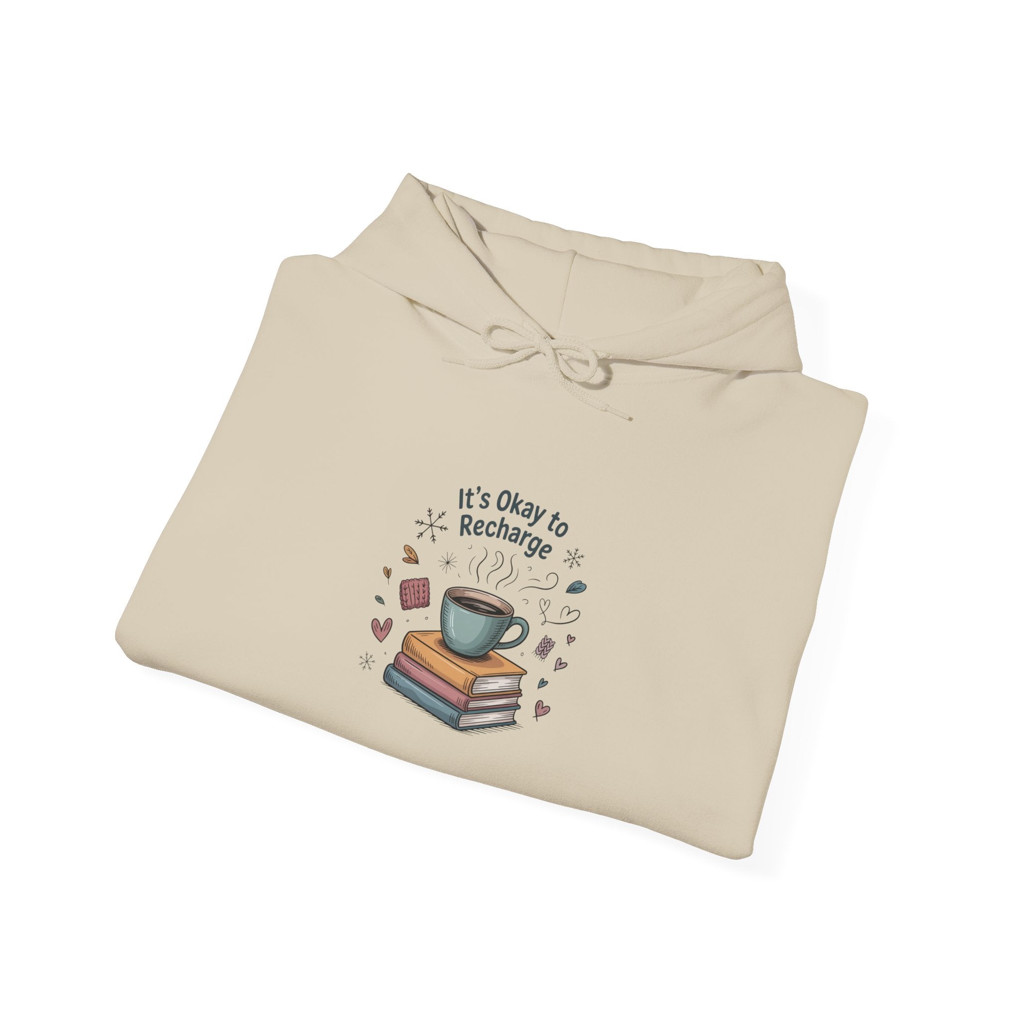 Cozy Reading Hoodie – “It’s Okay to Recharge” Coffee & Books Sweatshirt