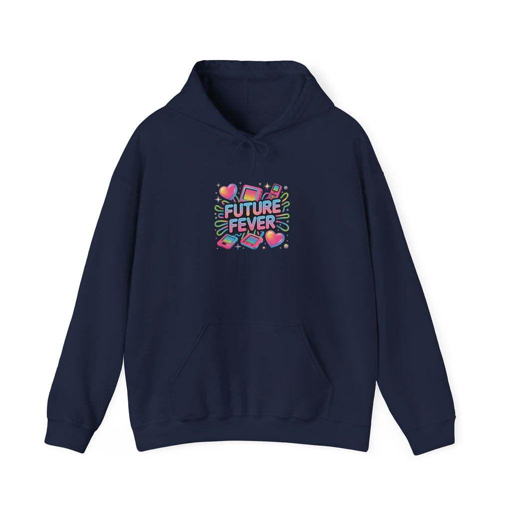 Future Fever Chrome Text Hoodie | Y2K cyber holo aesthetic, retro tech print