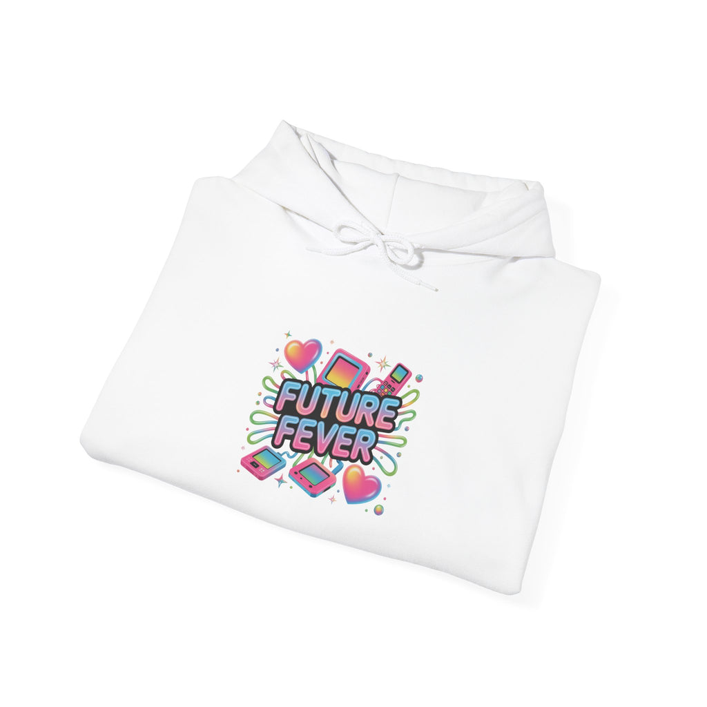 Future Fever Chrome Text Hoodie | Y2K cyber holo aesthetic, retro tech print