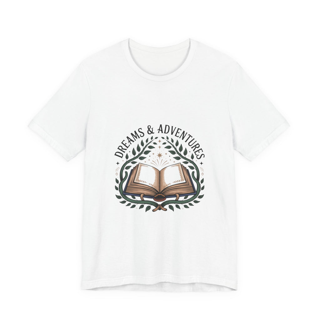 Dreams & Adventures Book T-Shirt — Literary Graphic Tee for Readers & Travelers