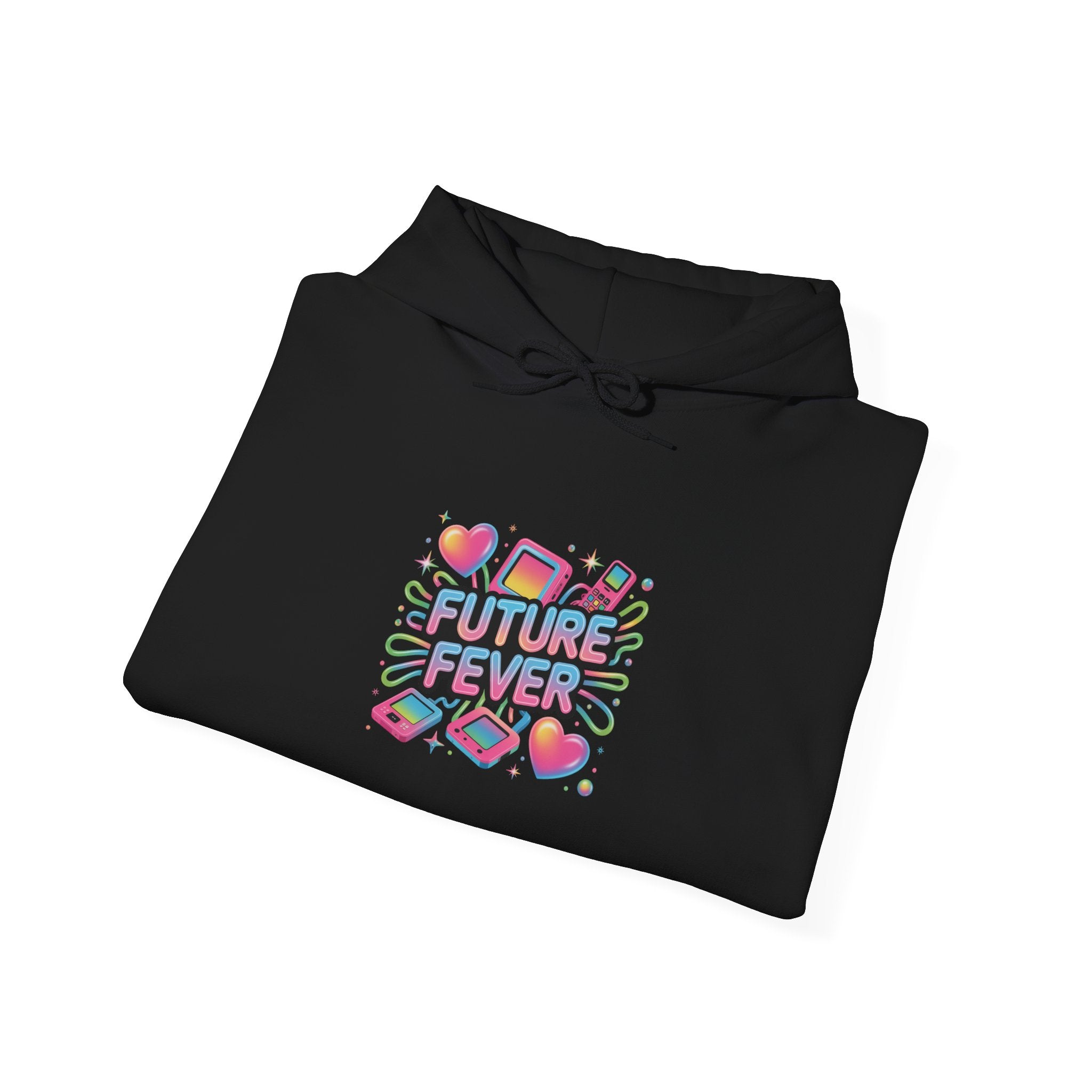 Future Fever Chrome Text Hoodie | Y2K cyber holo aesthetic, retro tech print