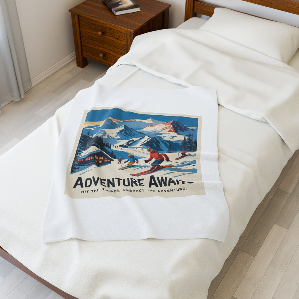 Adventure Awaits Ski Scene Velveteen Plush Blanket | Retro Mountain Skiing Throw