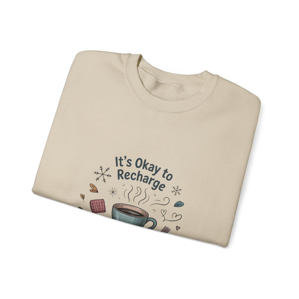 Crewneck Sweatshirt — "It’s Okay to Recharge" Cozy Book & Coffee Graphic