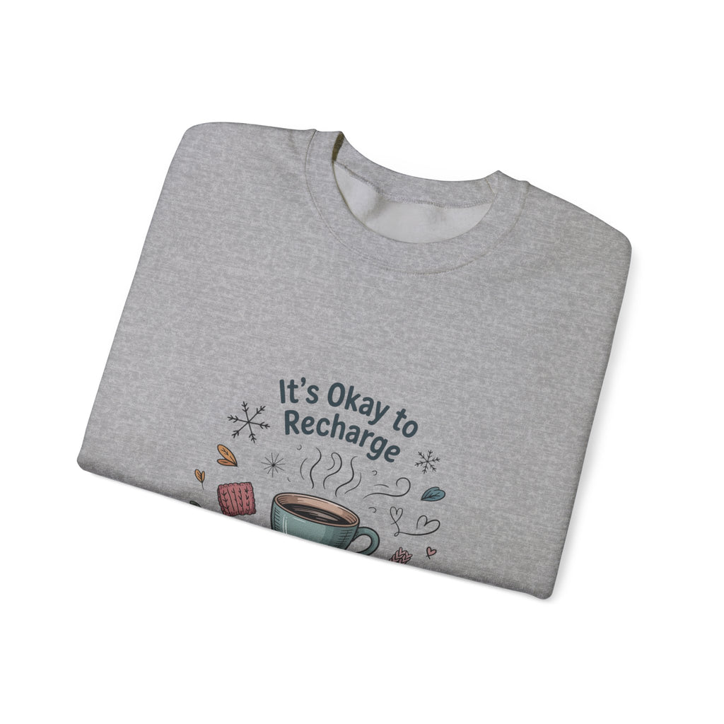 Crewneck Sweatshirt — "It’s Okay to Recharge" Cozy Book & Coffee Graphic