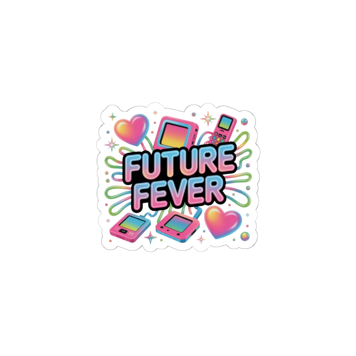 Future Fever Sticker | Y2K Cyber Holo, retro tech chrome text