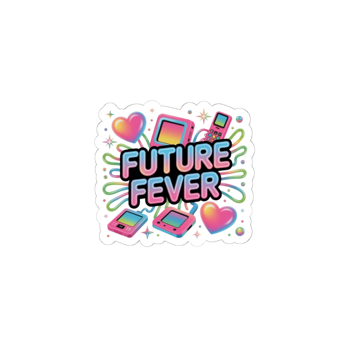 Future Fever Sticker | Y2K Cyber Holo, retro tech chrome text