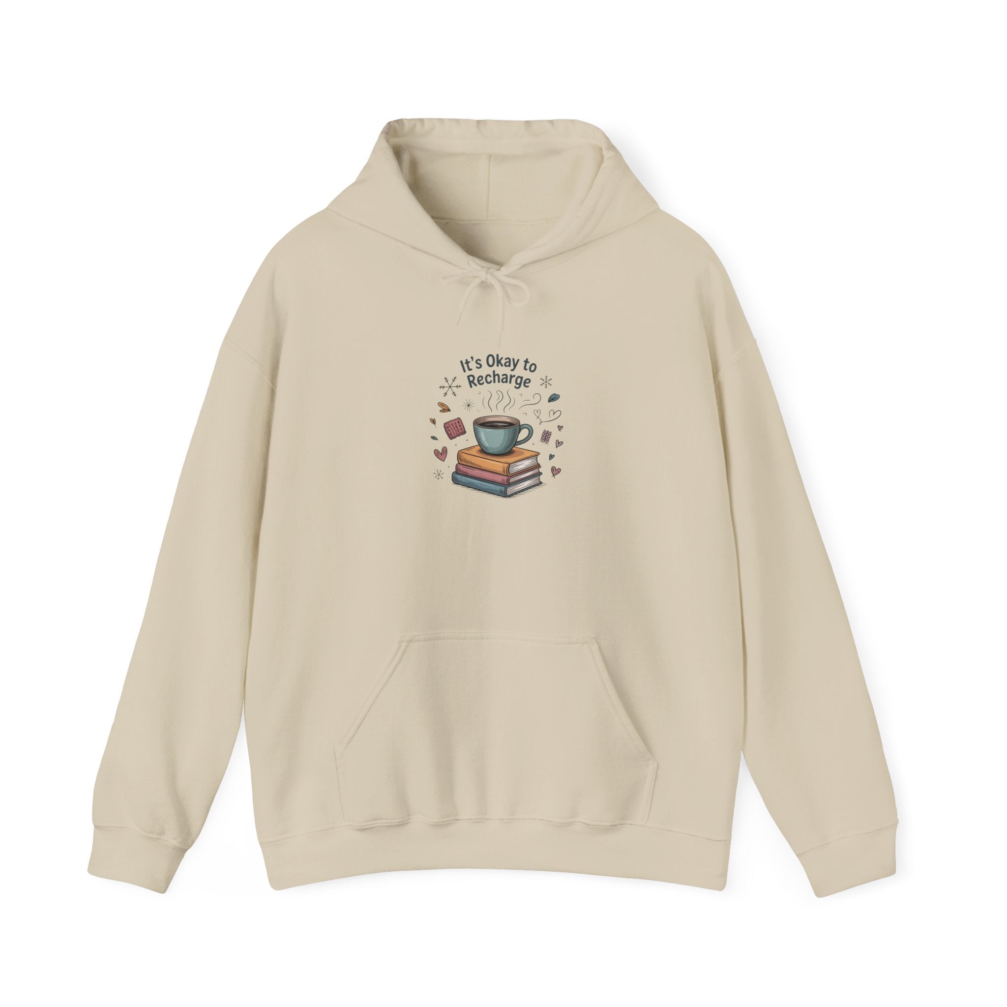 Cozy Reading Hoodie – “It’s Okay to Recharge” Coffee & Books Sweatshirt