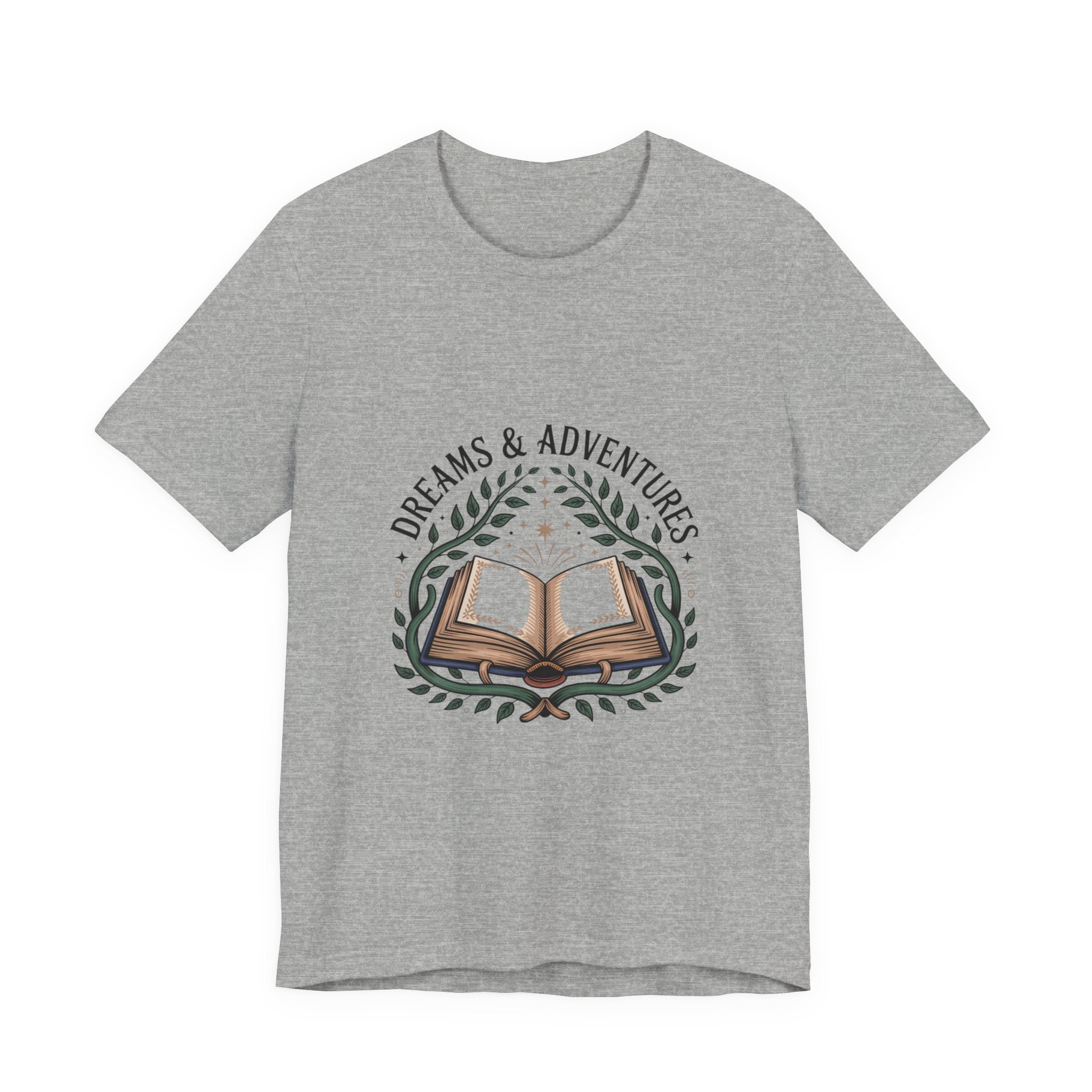 Dreams & Adventures Book T-Shirt — Literary Graphic Tee for Readers & Travelers