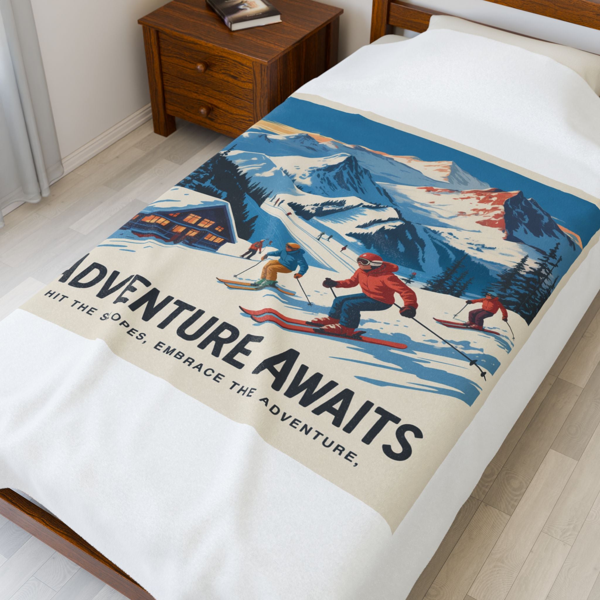 Adventure Awaits Ski Scene Velveteen Plush Blanket | Retro Mountain Skiing Throw