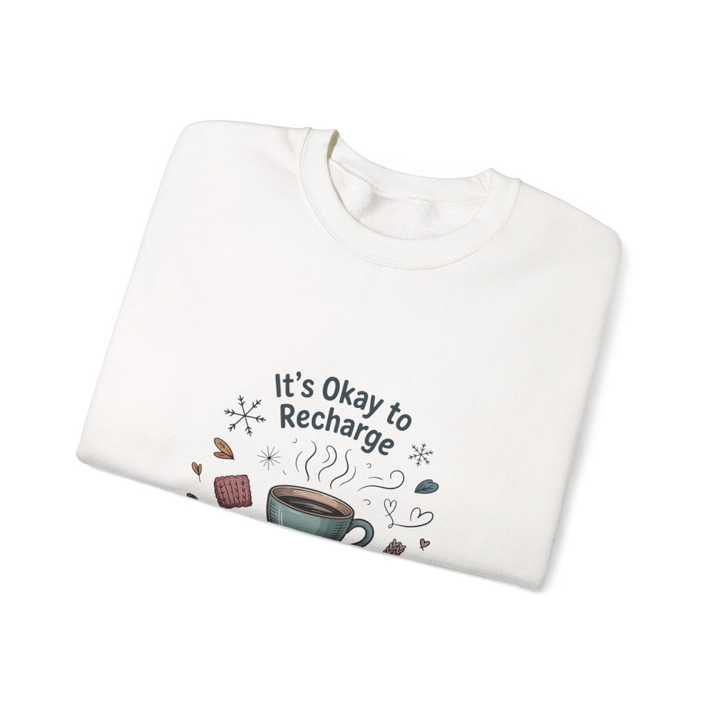 Crewneck Sweatshirt — "It’s Okay to Recharge" Cozy Book & Coffee Graphic