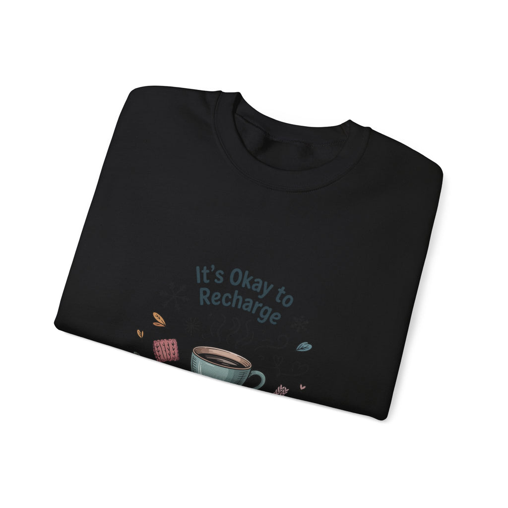 Crewneck Sweatshirt — "It’s Okay to Recharge" Cozy Book & Coffee Graphic