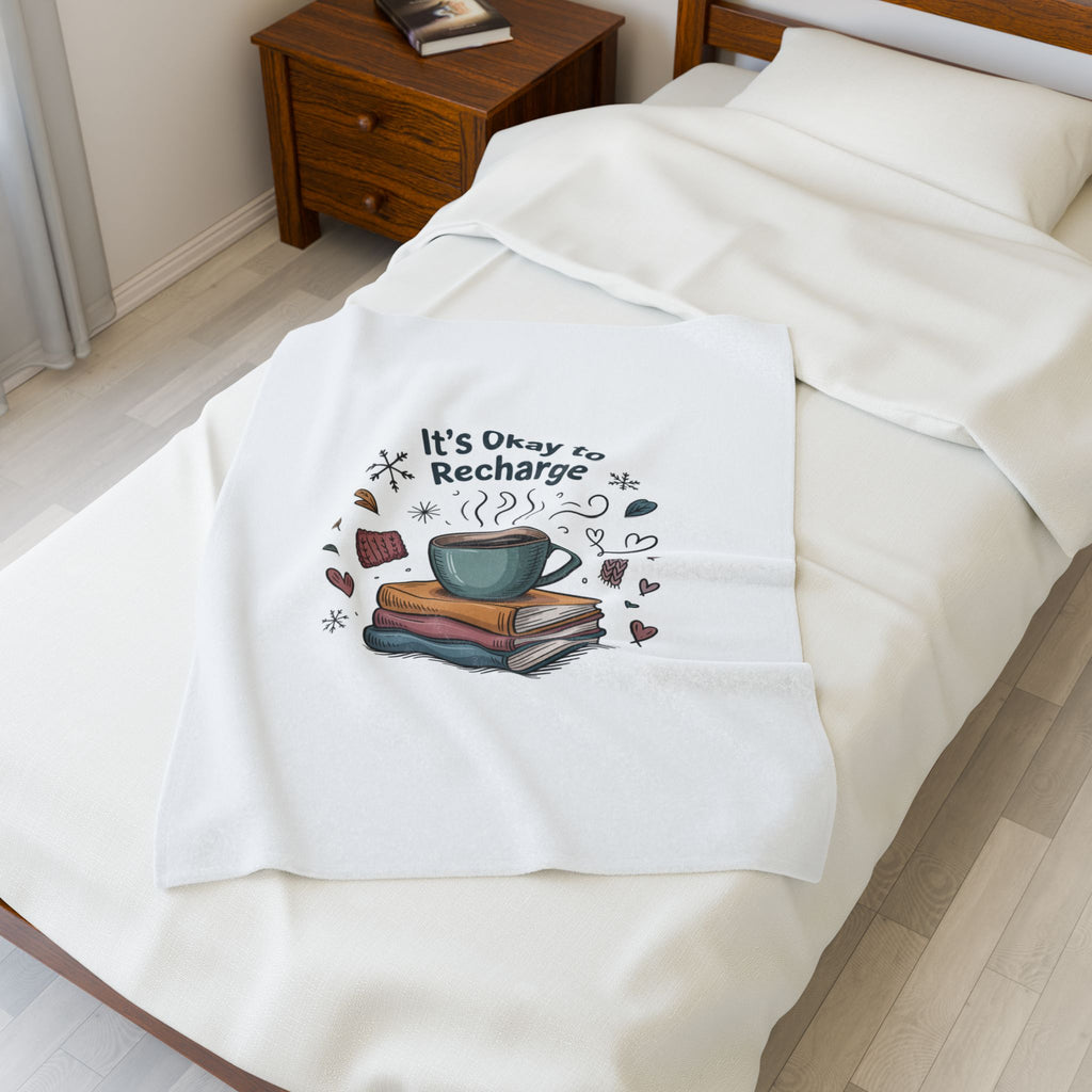 It’s Okay to Recharge Plush Blanket — Cozy Book & Coffee Comfort Throw