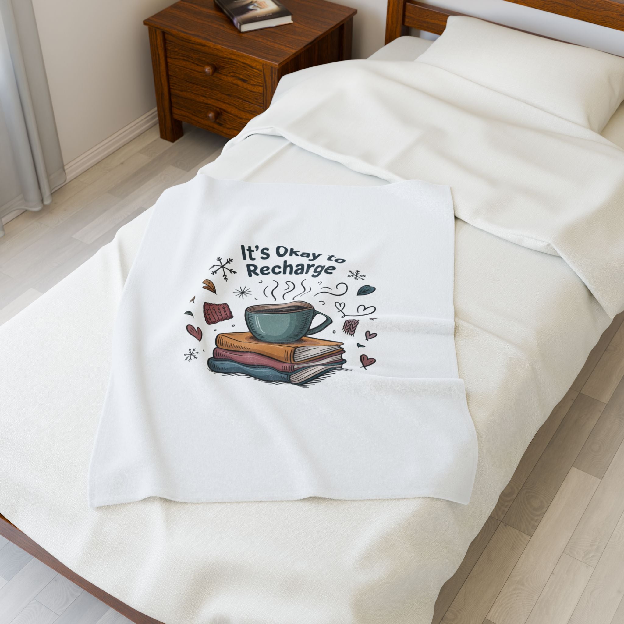 It’s Okay to Recharge Plush Blanket — Cozy Book & Coffee Comfort Throw