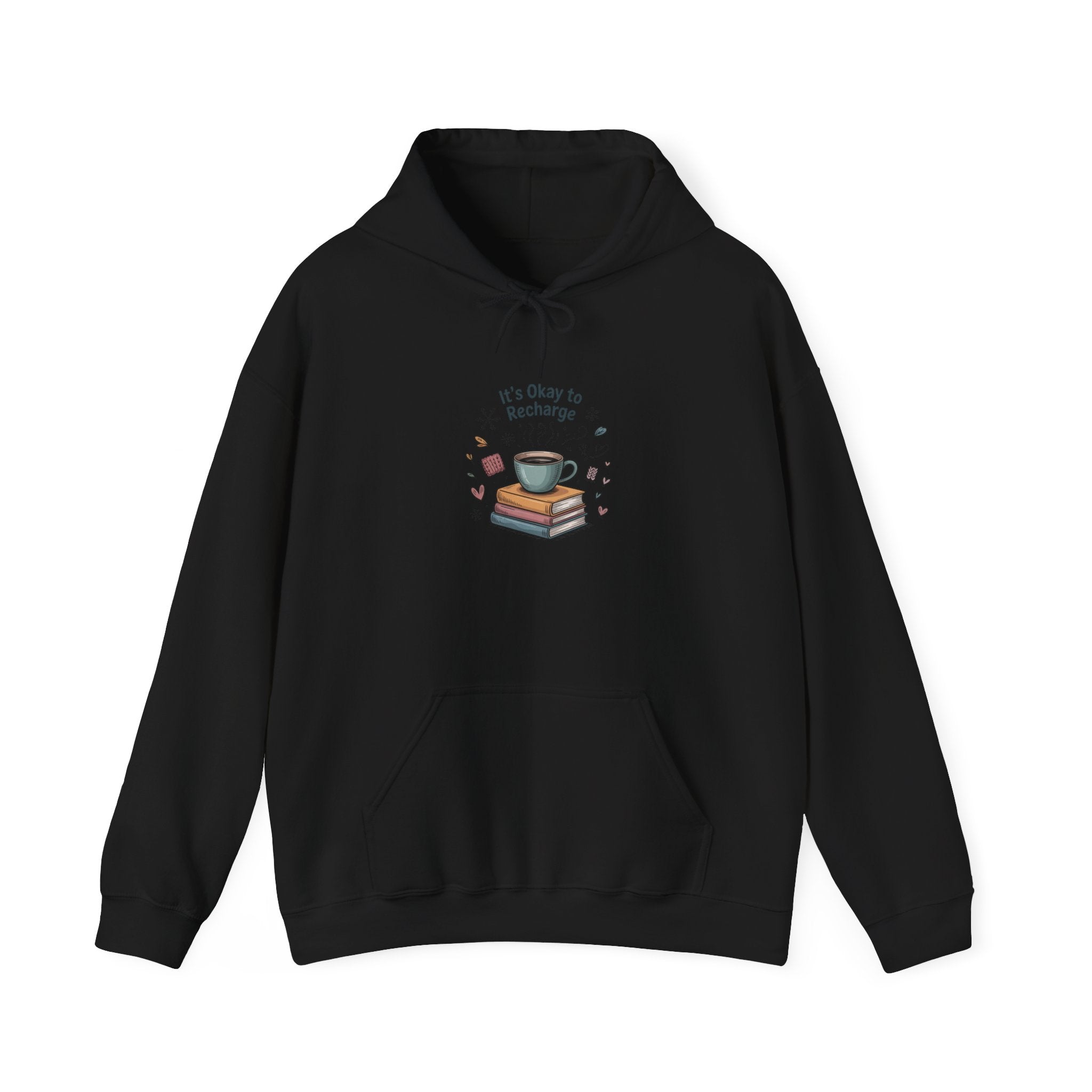 Cozy Reading Hoodie – “It’s Okay to Recharge” Coffee & Books Sweatshirt