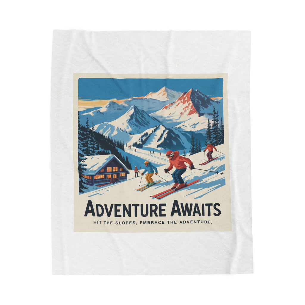 Adventure Awaits Ski Scene Velveteen Plush Blanket | Retro Mountain Skiing Throw