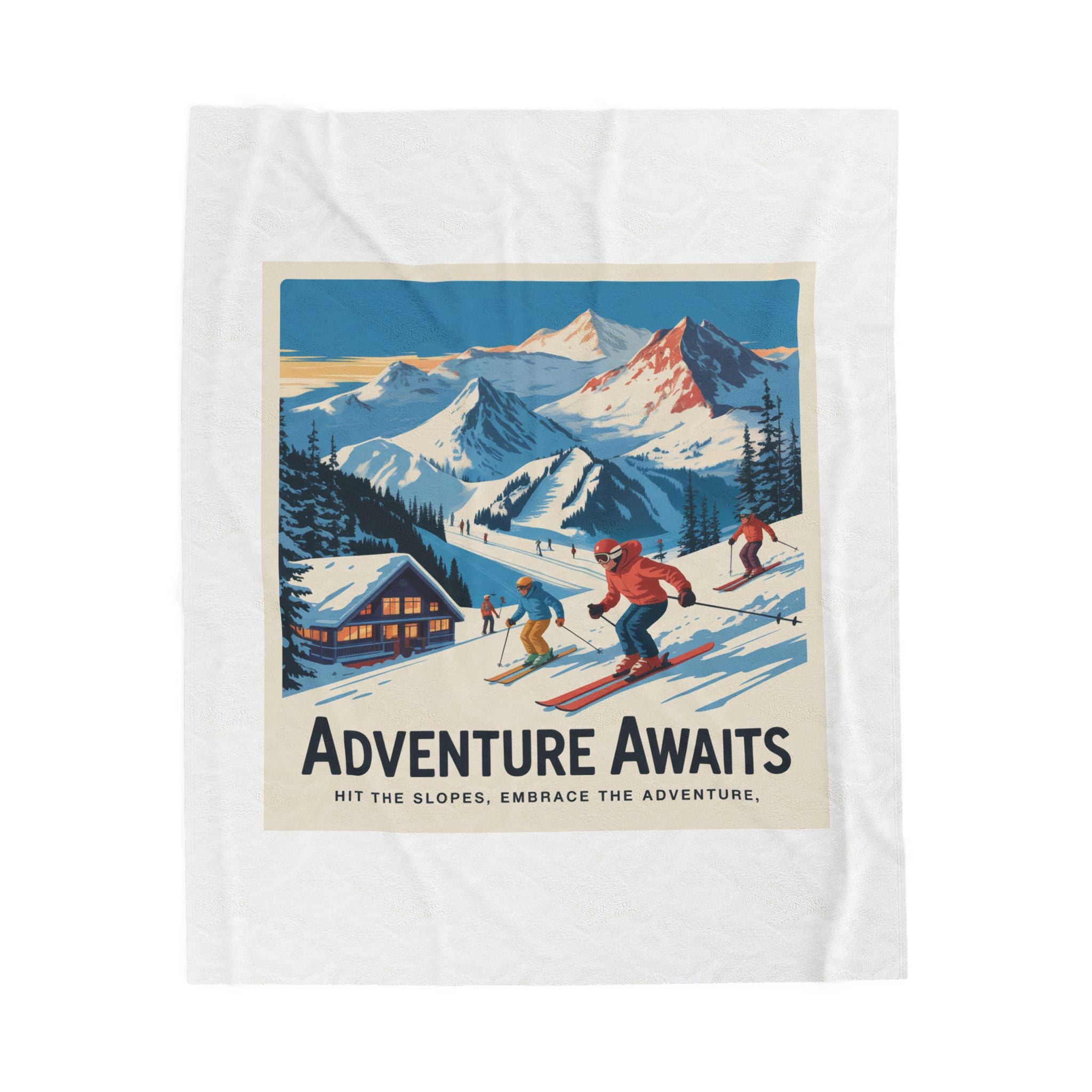 Adventure Awaits Ski Scene Velveteen Plush Blanket | Retro Mountain Skiing Throw