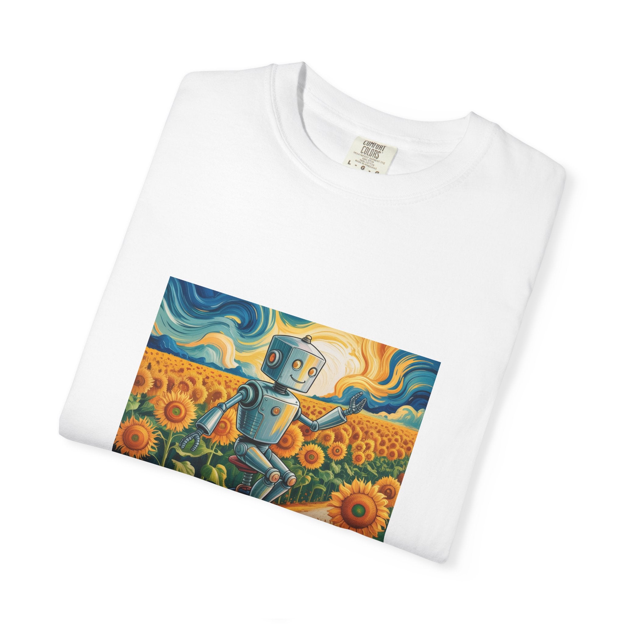 Robot Riding Unicycle Through Sunflower Field T-Shirt