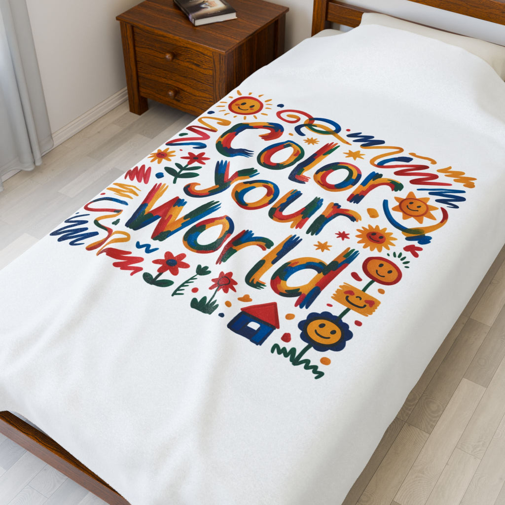 Color Your World Velveteen Plush Blanket | Bright Doodles, Suns & Flowers