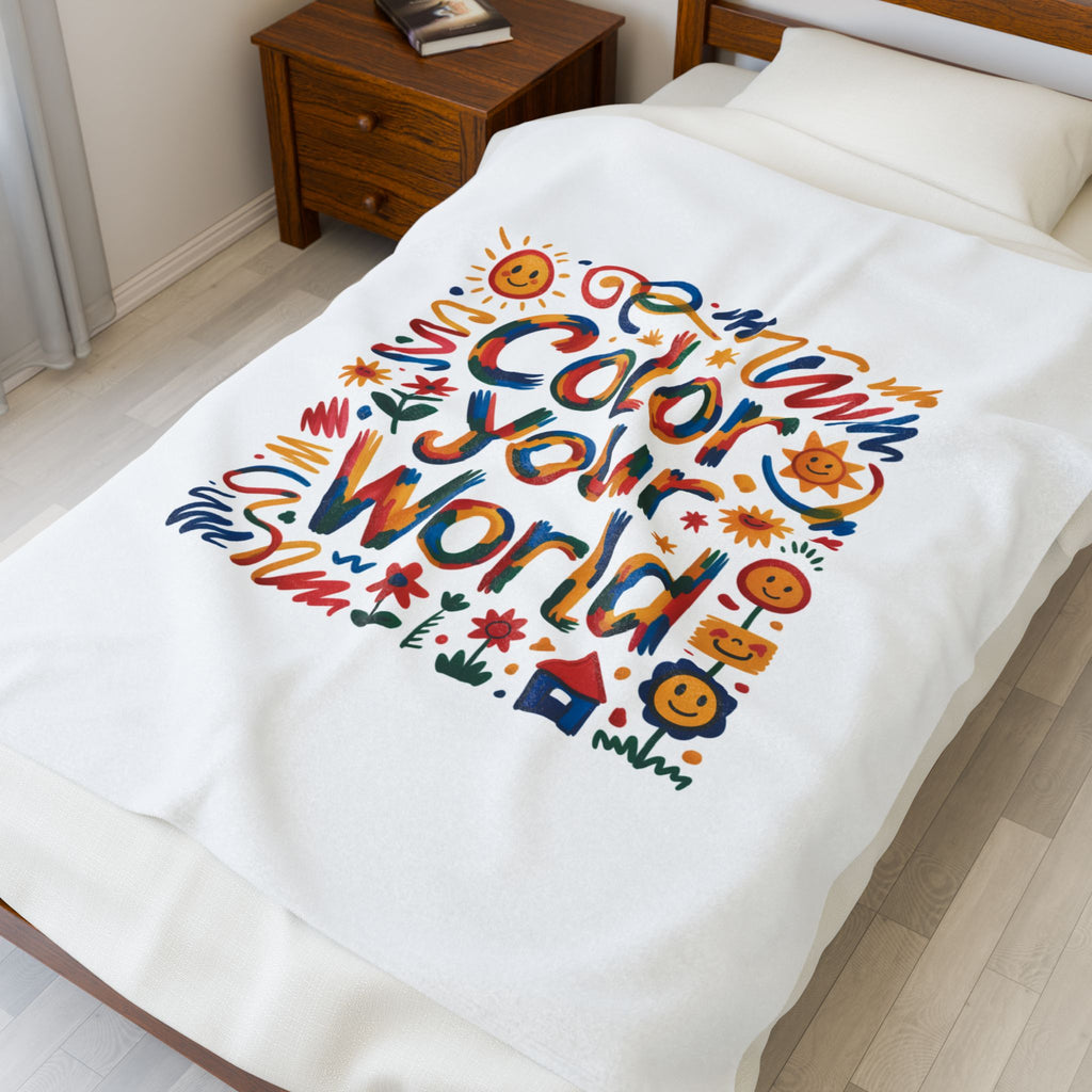 Color Your World Velveteen Plush Blanket | Bright Doodles, Suns & Flowers
