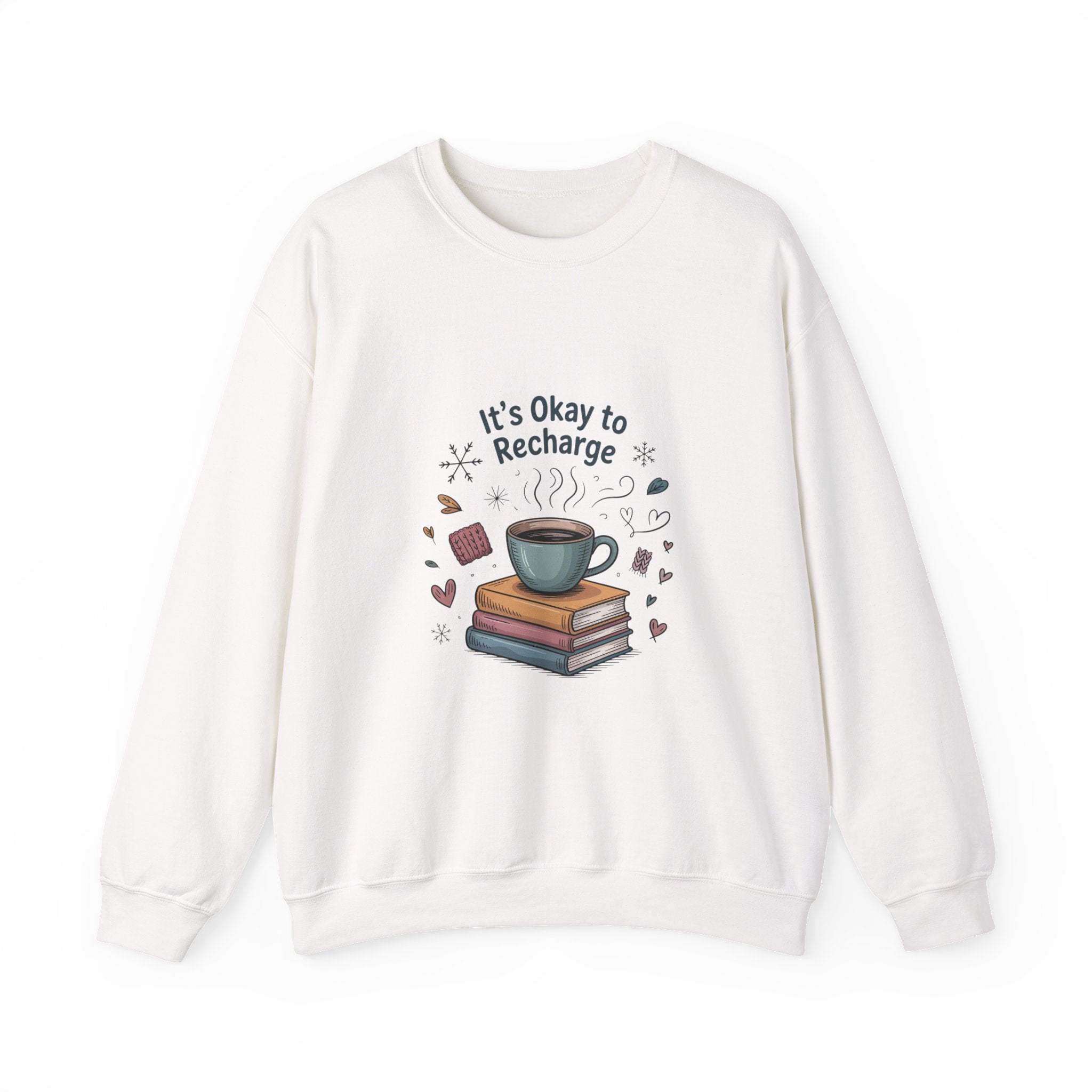 Crewneck Sweatshirt — "It’s Okay to Recharge" Cozy Book & Coffee Graphic