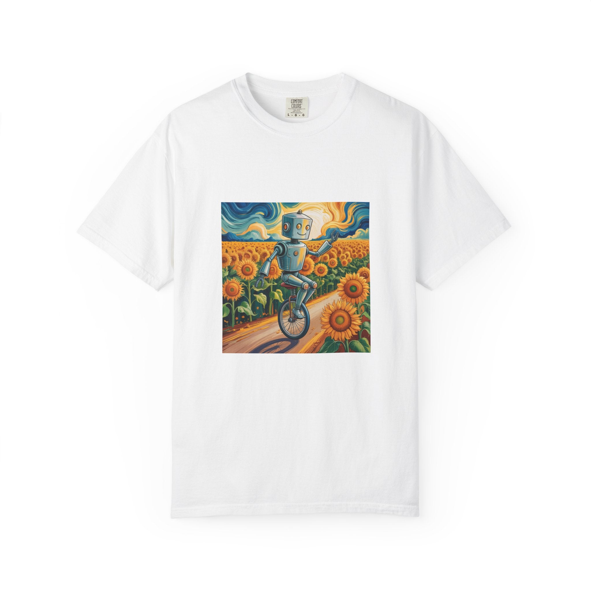 Robot Riding Unicycle Through Sunflower Field T-Shirt