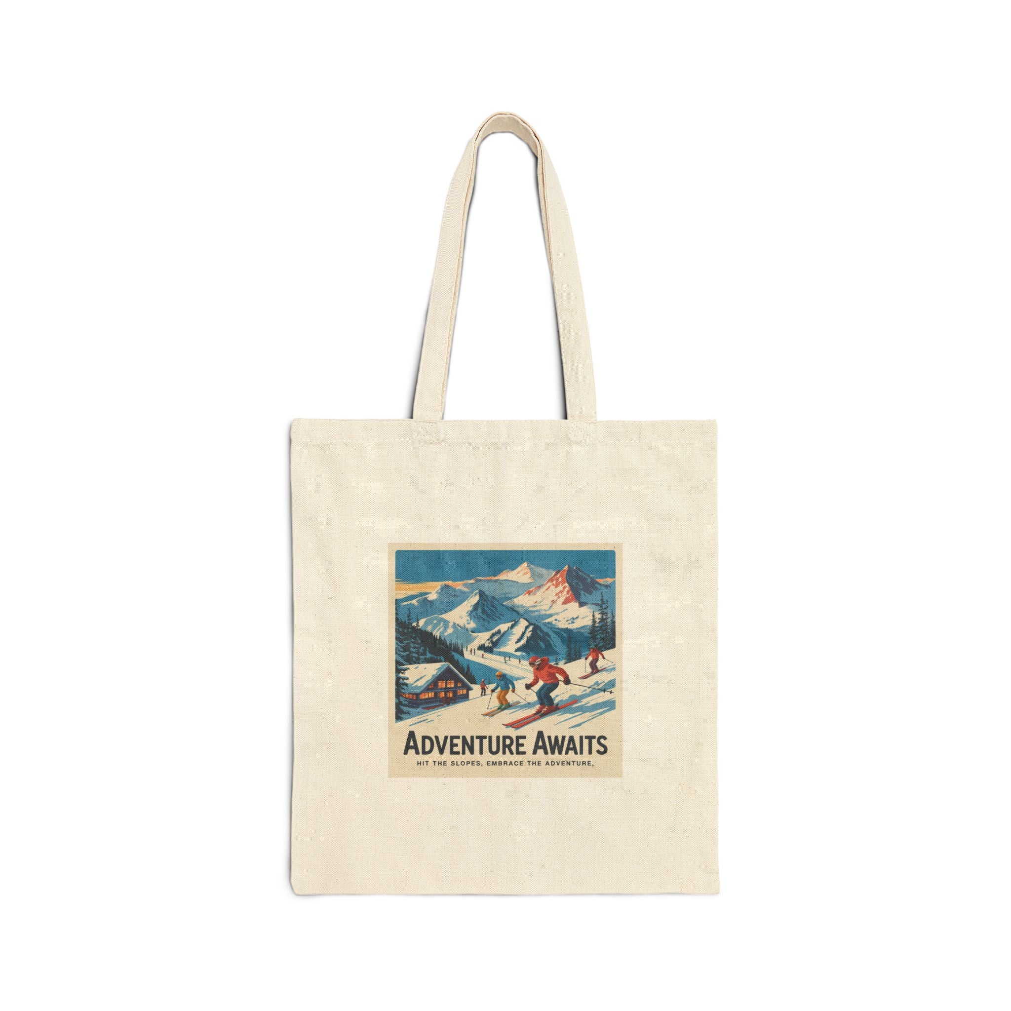 Adventure Awaits Ski Poster Tote Bag | Vintage Mountain Skiing Canvas