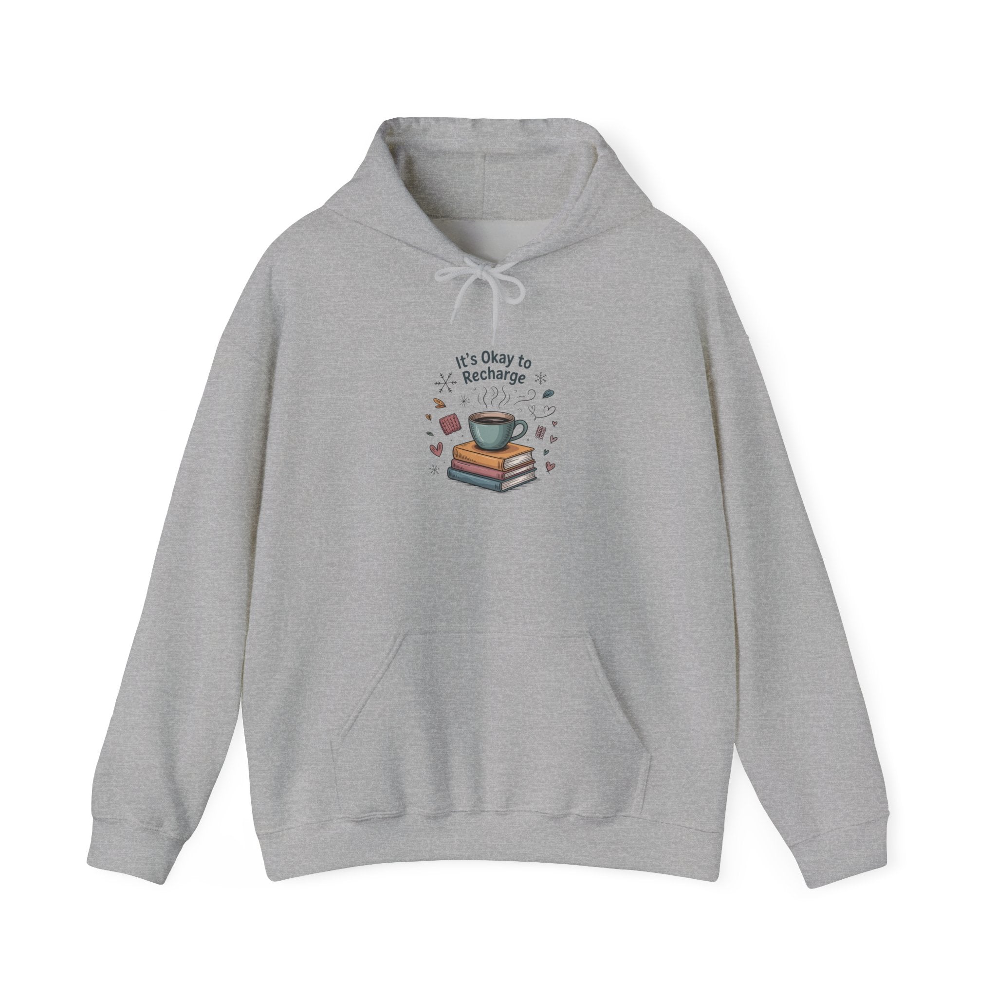 Cozy Reading Hoodie – “It’s Okay to Recharge” Coffee & Books Sweatshirt