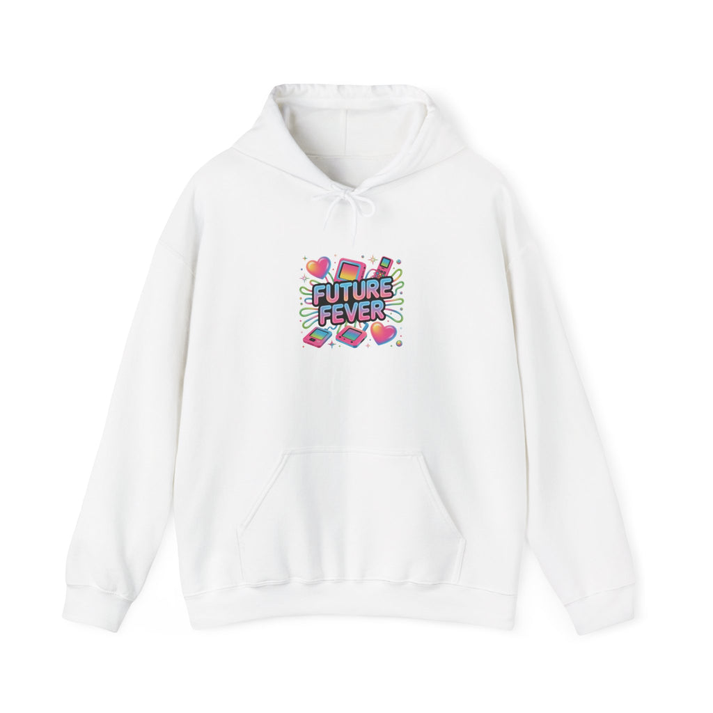 Future Fever Chrome Text Hoodie | Y2K cyber holo aesthetic, retro tech print