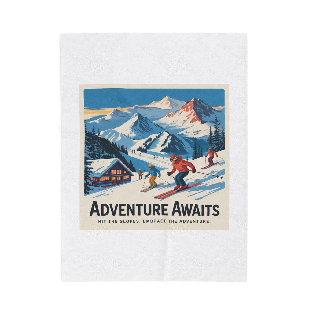 Adventure Awaits Ski Scene Velveteen Plush Blanket | Retro Mountain Skiing Throw
