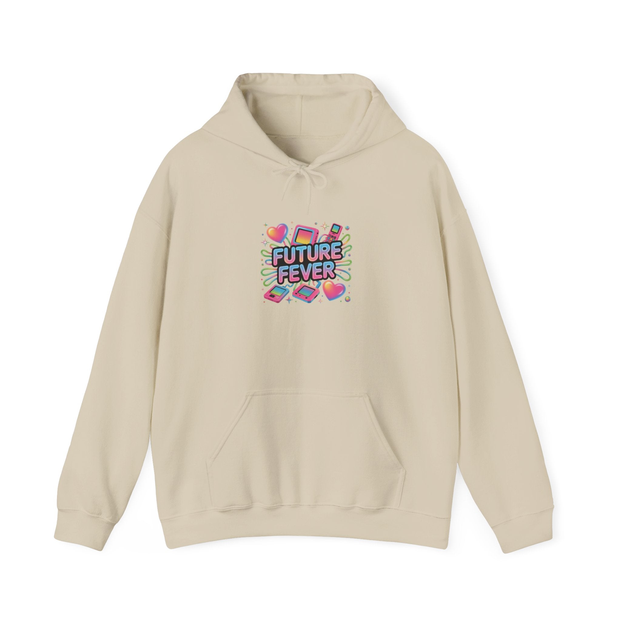 Future Fever Chrome Text Hoodie | Y2K cyber holo aesthetic, retro tech print