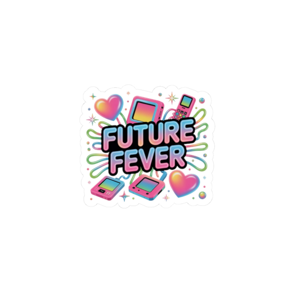 Future Fever Sticker | Y2K Cyber Holo, retro tech chrome text
