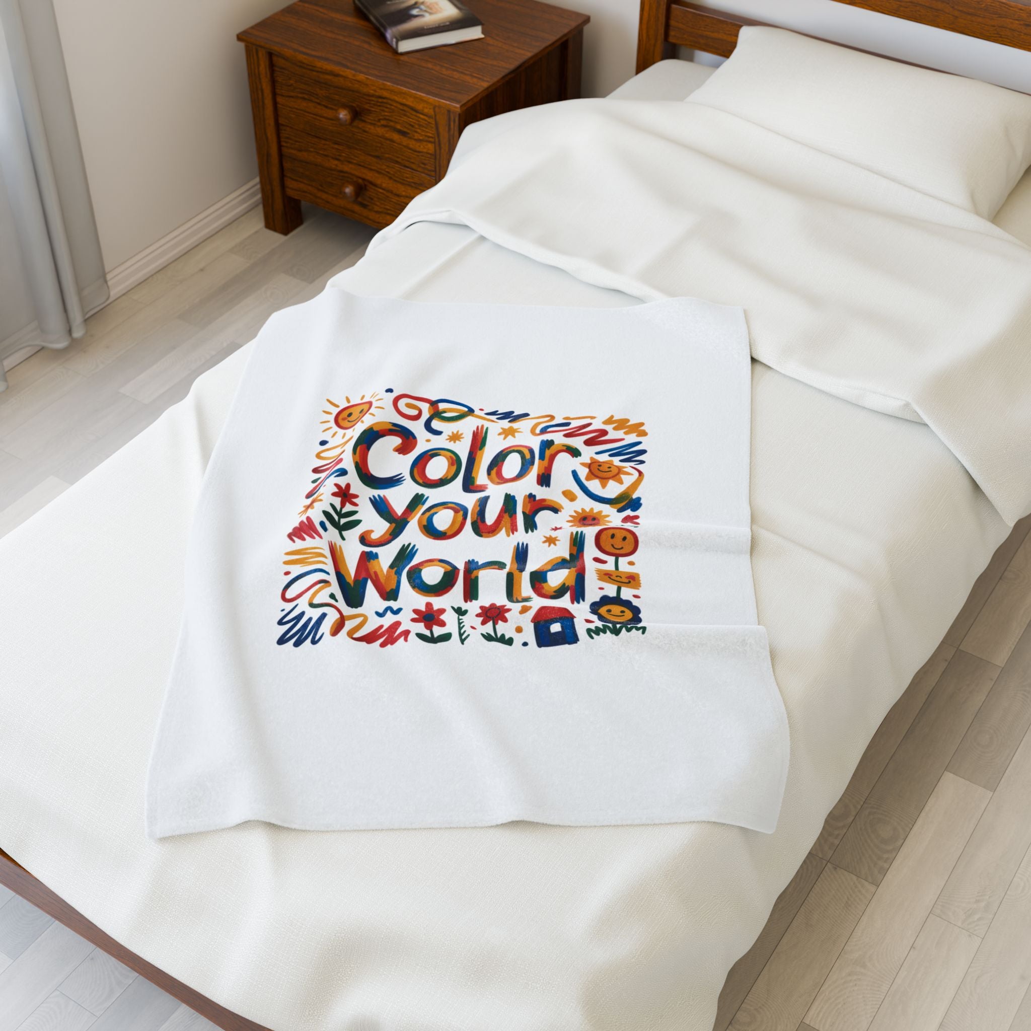 Color Your World Velveteen Plush Blanket | Bright Doodles, Suns & Flowers