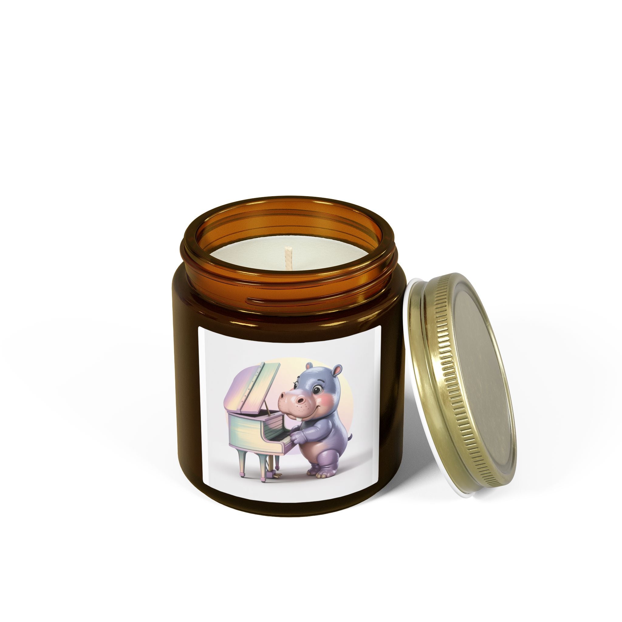 Coconut Apricot Scented Candle — Cute Hippo at Piano (4oz/9oz)