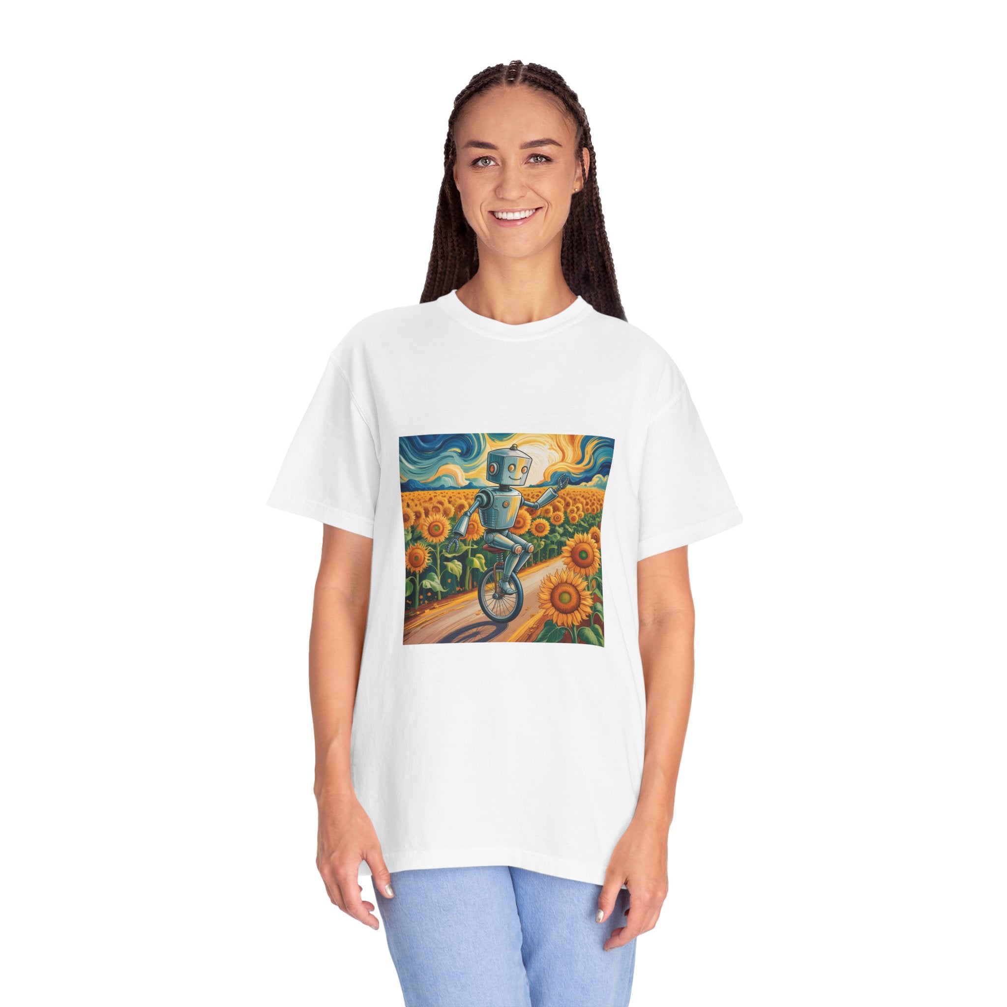 Robot Riding Unicycle Through Sunflower Field T-Shirt