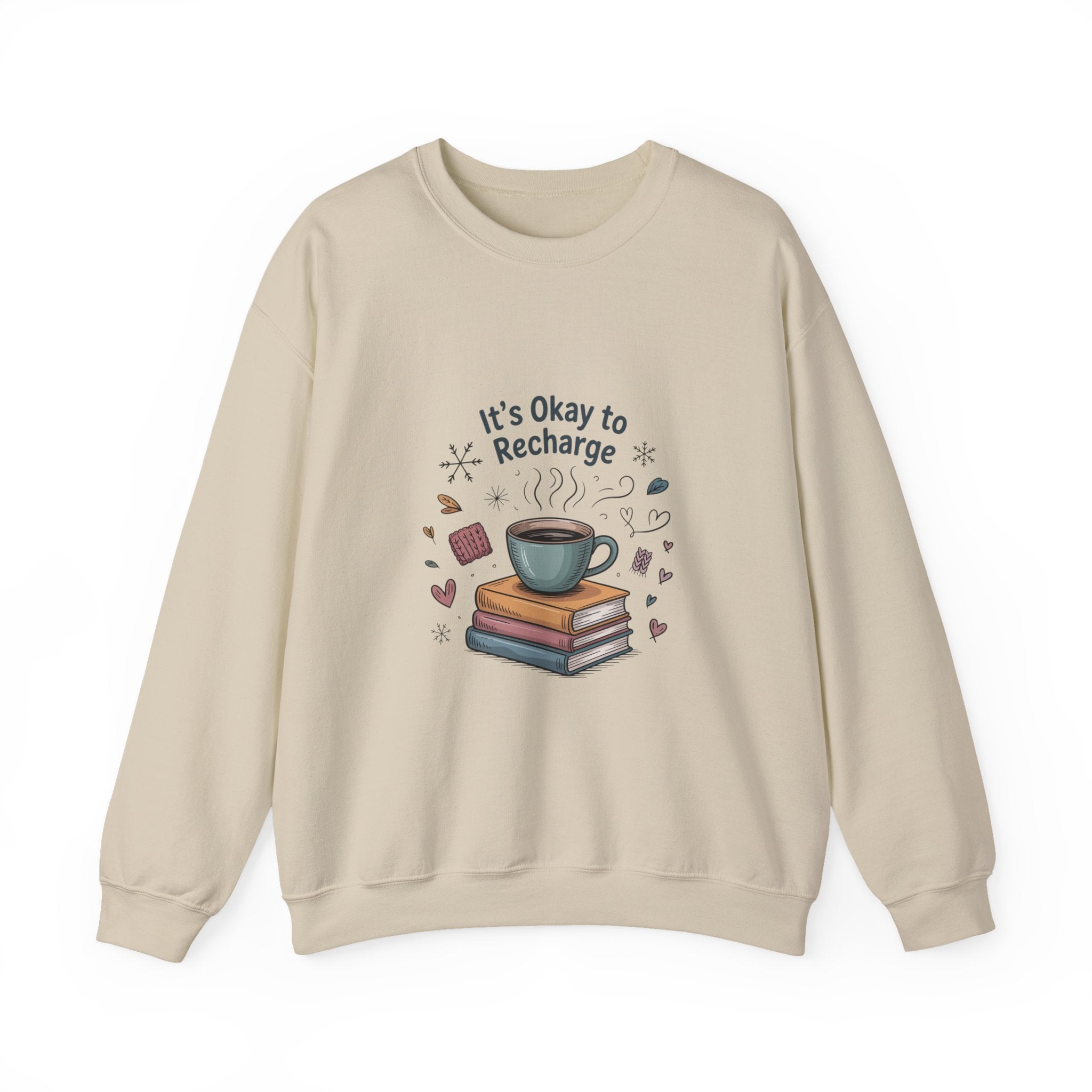 Crewneck Sweatshirt — "It’s Okay to Recharge" Cozy Book & Coffee Graphic