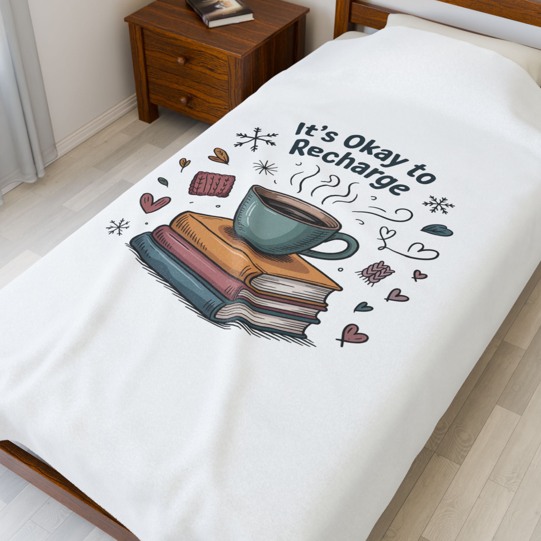 It’s Okay to Recharge Plush Blanket — Cozy Book & Coffee Comfort Throw