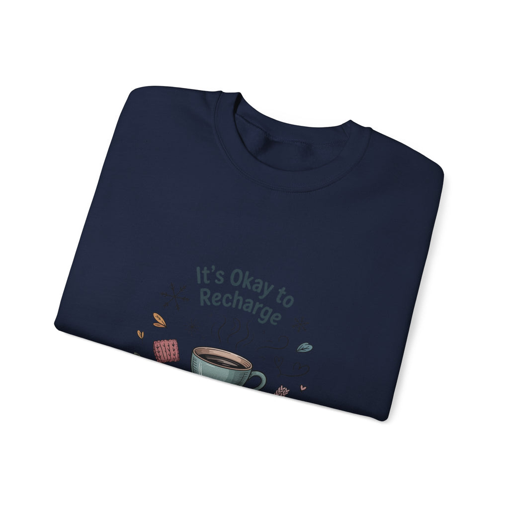 Crewneck Sweatshirt — "It’s Okay to Recharge" Cozy Book & Coffee Graphic