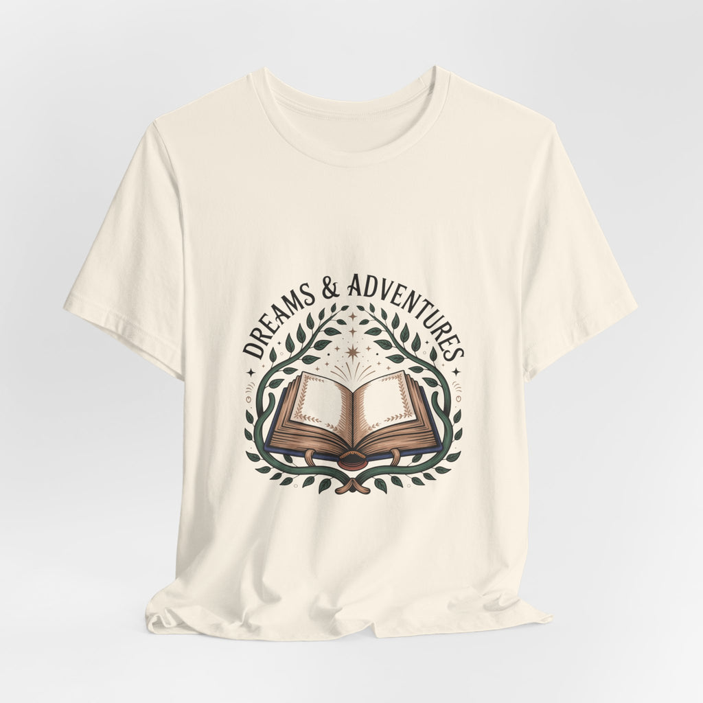 Dreams & Adventures Book T-Shirt — Literary Graphic Tee for Readers & Travelers