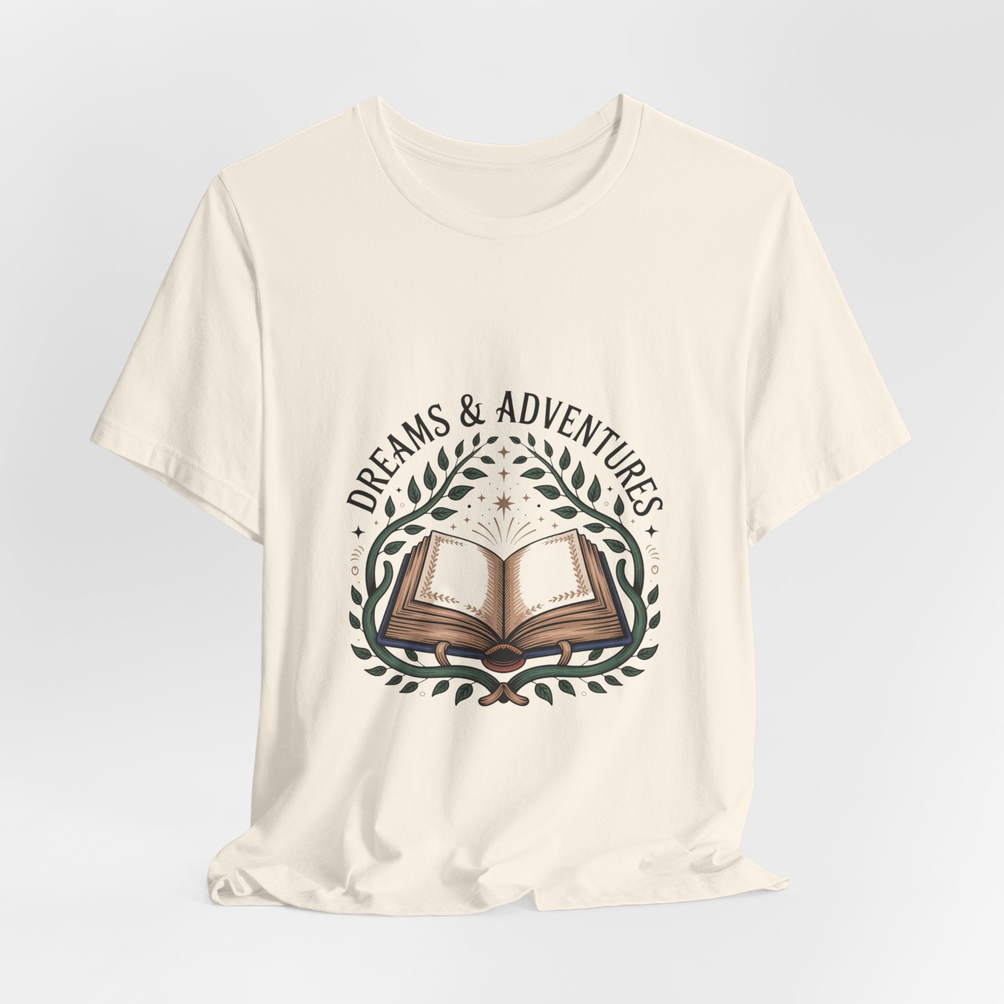 Dreams & Adventures Book T-Shirt — Literary Graphic Tee for Readers & Travelers