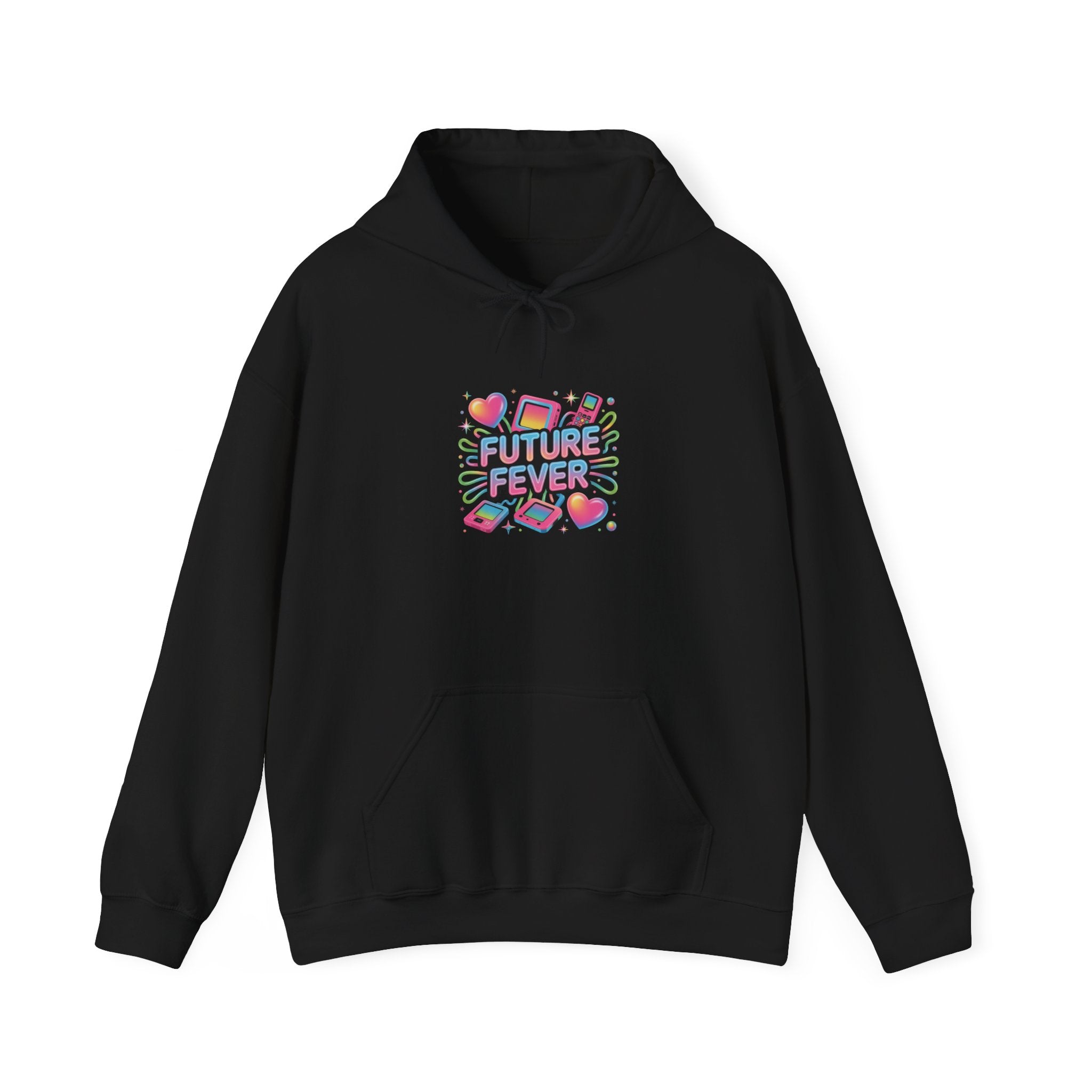 Future Fever Chrome Text Hoodie | Y2K cyber holo aesthetic, retro tech print
